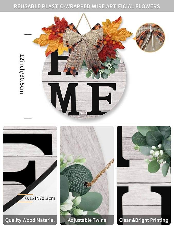 Eucalyptus Leaves Welcome Sign for Front Door, Home Garland Vintage Wood Grain Round Wooden Hanging Sign Housewarming Gift for Fall Home Outdoor Indoor, Front Porch Decor Wreath 12inch