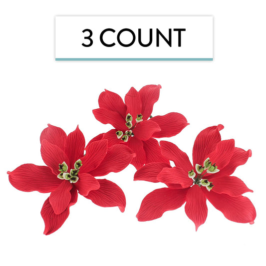 Global Sugar Art Poinsettia Fancy Sugar Cake Flowers, Red, Small, 3 Count by Chef Alan Tetreault. Perfect for Christmas Cake Decorations, Yule Logs, Gingerbread Houses, and more.