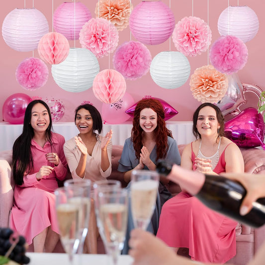 15pcs Party-Decorations Paper-Flowers Lanterns Party Pack and Pom Pom Balls Hanging Decoration for Wedding Birthday Baby Shower-Bachelorette Bridal Wedding Engagement Supplies Decor