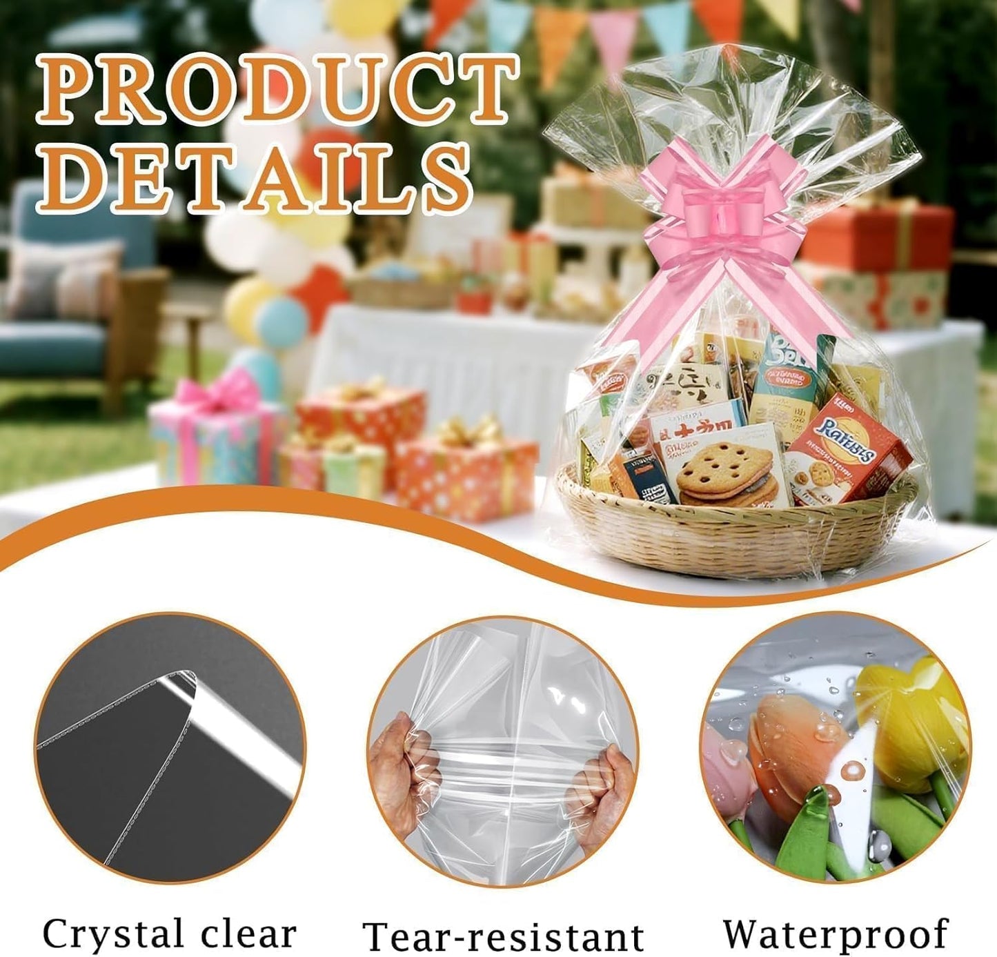 PigPotParty 16"x24" Clear Cellophane Gift Bags - Includes Bows – 10 Pack Cellophane Wrap for Gift Baskets, Plastic Gifts Bags for Gift Giving