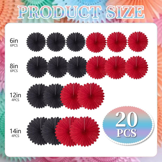 20 Pcs Black Red Hanging Paper Fan, Round Paper Fans Decorations Set for Weddings, Birthdays, Engagement, Bridal Shower, Bachelorette Party Supplies Decor