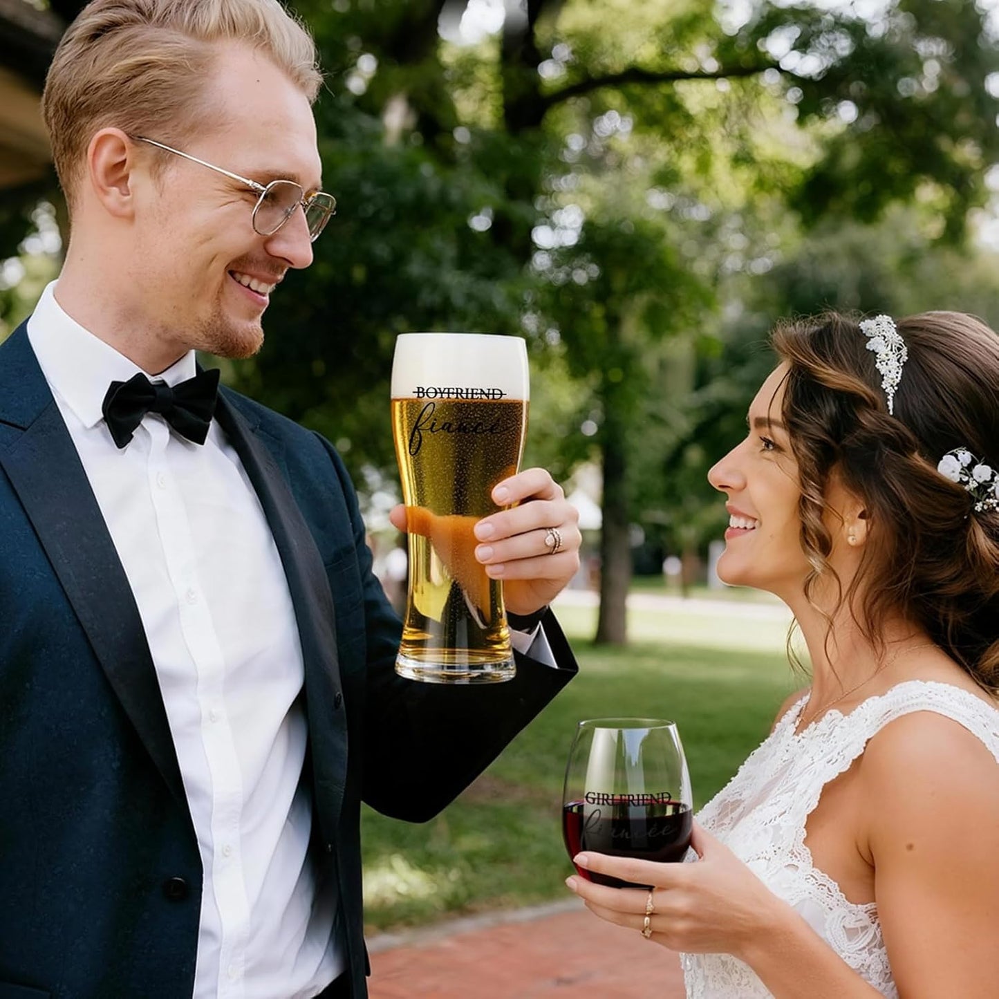 AW BRIDAL Engagement Gifts for Couples and Women, Fiance Wine Glasses and Beer Mug Set for Her, Newly Wed Gift for the Couple 2025, Mr and Mrs Wedding Beer Mug with Wine Stopper for Bride to Be