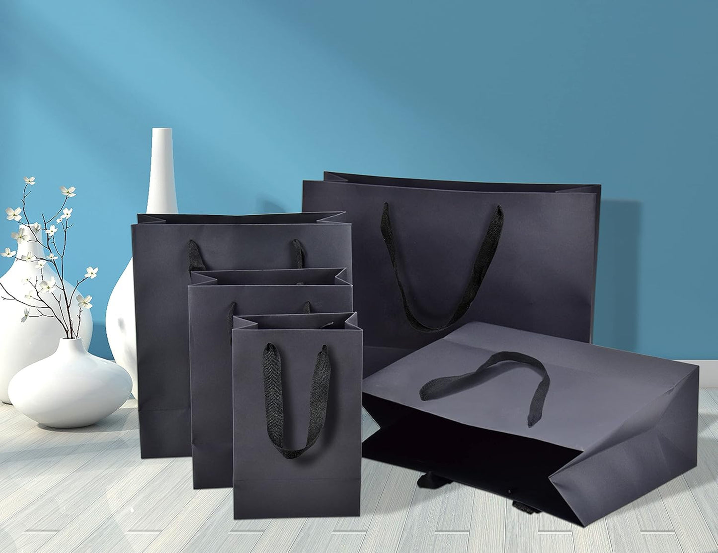 HUAPRINT Black Paper Bags - Gift & Shopping Bags with Ribbon Handles, 30 Packs, 13x5x10Inch, Retail & Party Favor Bags, Merchandise & Wedding Bags
