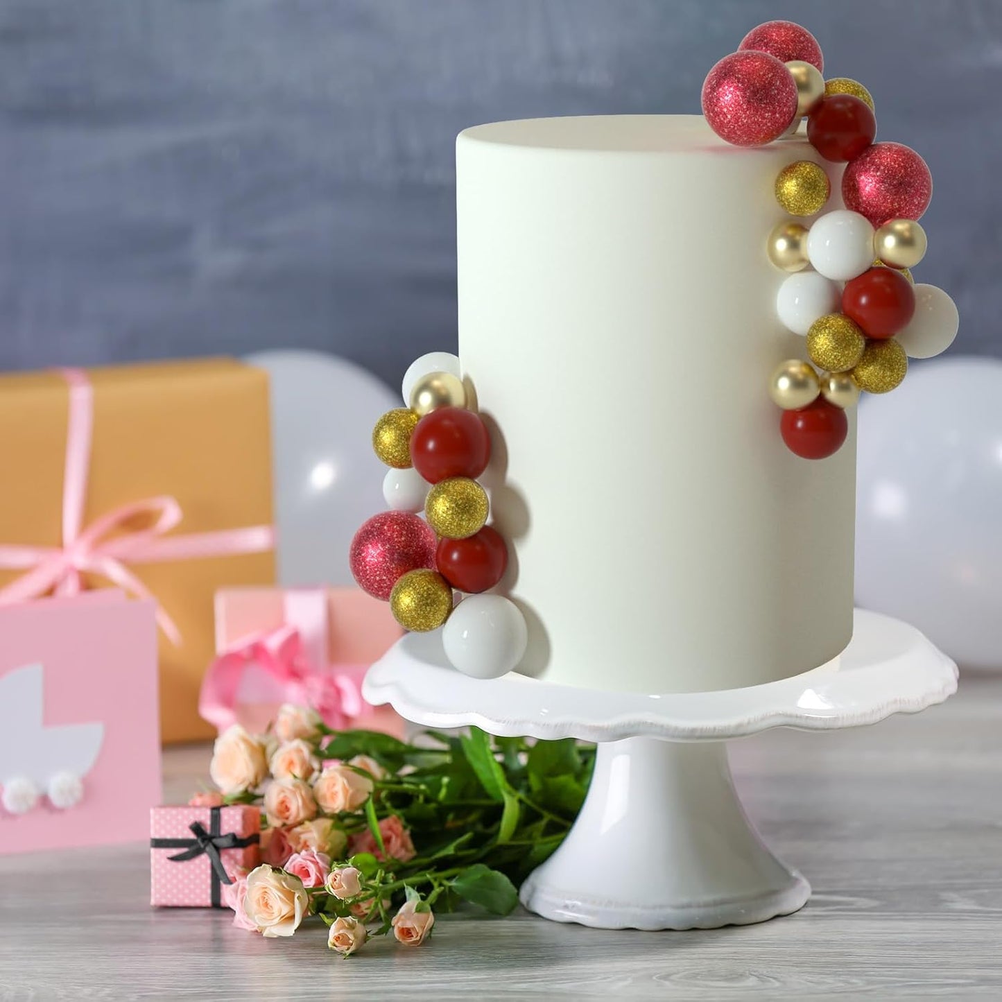 ASTARON 50 Pcs Ball Cake Topper Sticks Mini Balloons for Cake Decorating Supplies Foam Balls for Graduation Cake Birthday Cake Toppers Decorations (Gold,Red Series)