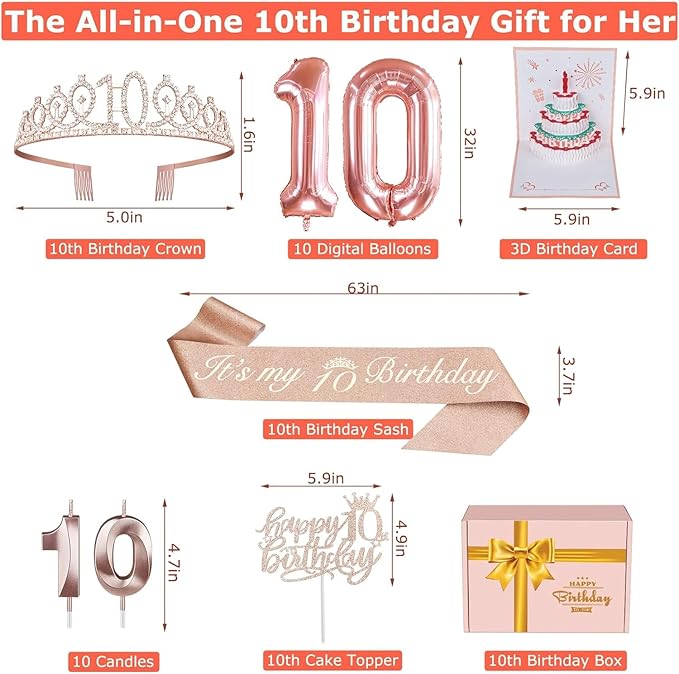 10th Birthday Decorations for Girls, Include 10th Birthday Sash and Tiara, Cake Topper and Candles, Number Balloons, 3D Pop Up Greeting Card, 10 Year Old Gifts for Girls