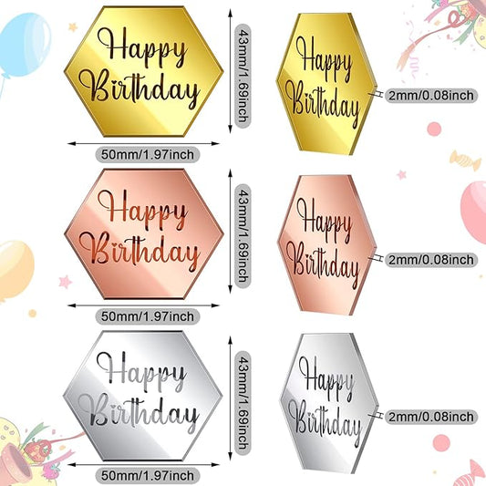 Qunclay 30 Pcs Happy Birthday Acrylic Cake Toppers, Mirror Acrylic Cupcake Toppers, 3 Multi-shape & Gold Rose Gold Silver Cupcake Picks for Birthday Party Pastries Decor DIY Supplies(Hexagon)
