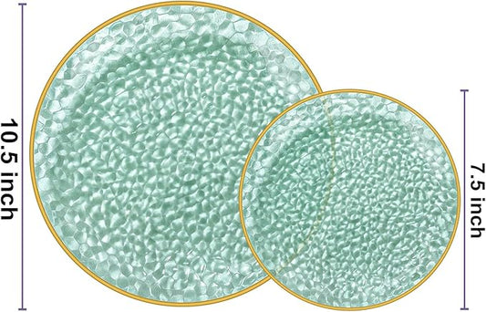 Rubtlamp 60 Green Plastic Plates, Hammered Clear and Gold Disposable Plates Include 30 Dessert Platos, 30 Dinner Platos for St. Patrick's Day