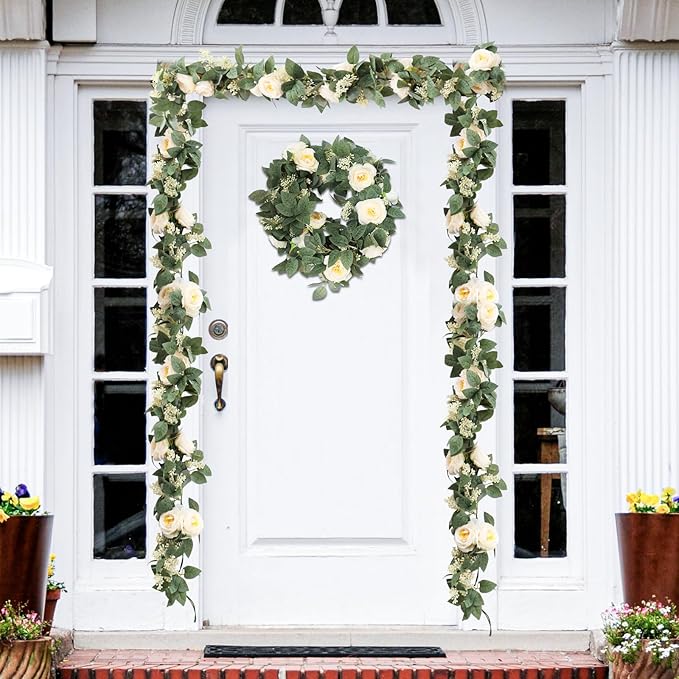 Uguisu 2Pcs Artificial Garland with Roses, 5.9ft Greenery Eucalyptus Garland for Wedding, Party, Mantel, Table, Indoor and Outdoor Decoration. Champagne