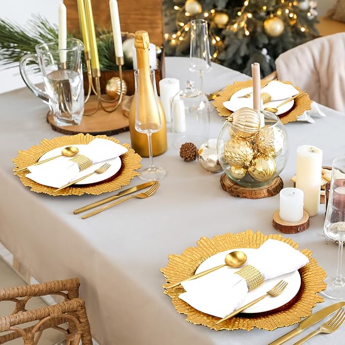 Rtteri 50 Pcs 13 Inch Charger Plates Bulk, Plastic Charger Plates with Floral Reef Design, Round Ruffled Rim Decorative Dinner Tableware for Wedding, Party, Event Table Decor(Gold)