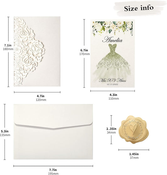 DORIS HOME 50pcs Laser Cut Quinceanera Invitations Green and Ivory White, 4.7x7.1 Personalized Quince Invitations for 15th Birthday, Invitation cards for Sweet 16 with Envelopes