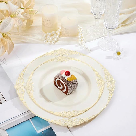 100 PCS Ivory and Gold Plastic Plates for 50 Guests, Gold Disposable Plates Include 50 PCS Dinner Plates, 50 PCS Dessert Plates for Party, Wedding and Graduation (100, Ivory White)