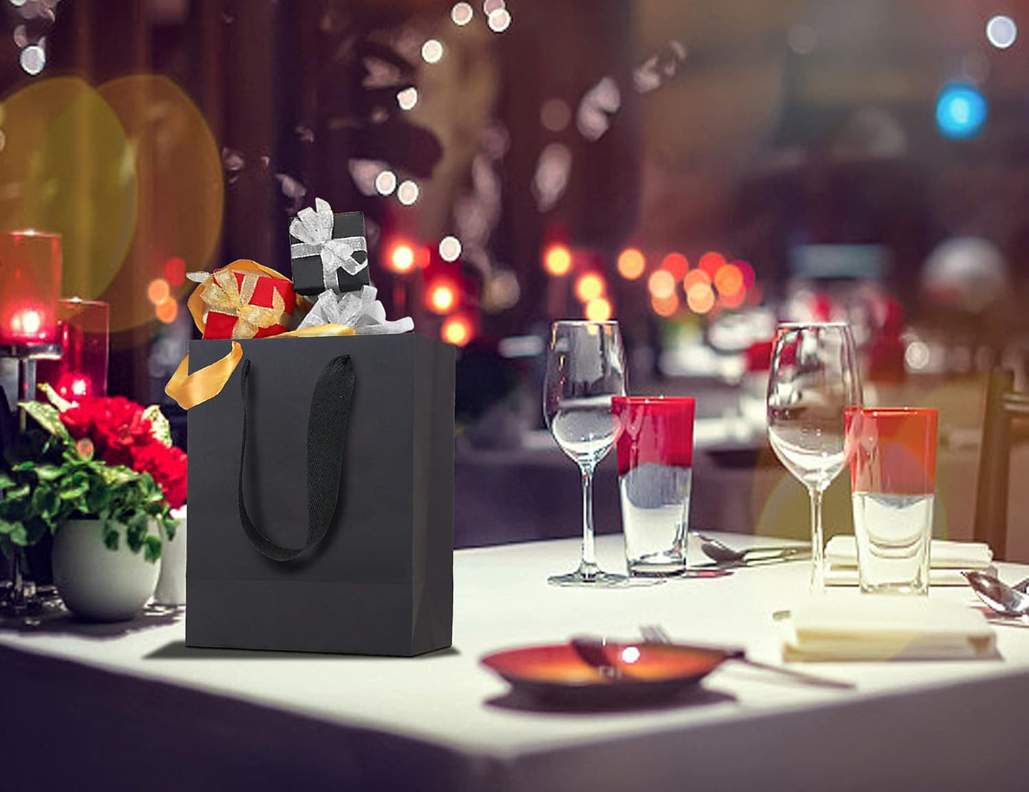 HUAPRINT 30 Pack Black Gift Bags with Ribbon Handles,5.25x3.25x8 inch Paper Bag Bulk for Shopping Party Favor Merchandise Business Wedding