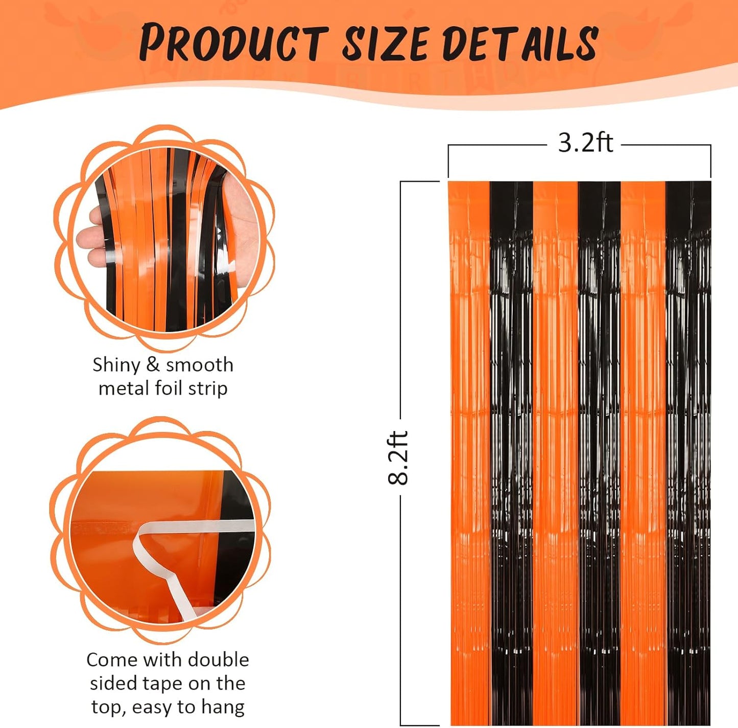 Accevo Black Orange Party Streamers 3Pack 3.2ft x 8.2ft Tinsel Black Orange Streamers Party Decorations Door Decorations Foil Fringe Curtain Halloween Christmas Party Decorations Orange Party Decor