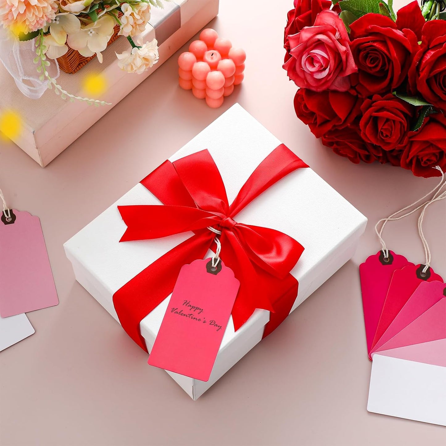Outus 60 Pcs 4 3/4-in x 2 3/8-in Blank Large Paper Gift Tags with String and Reinforced Eyelet Wire Writable Price Tags Shipping Labels Inventory Labels(Gradient Pink)