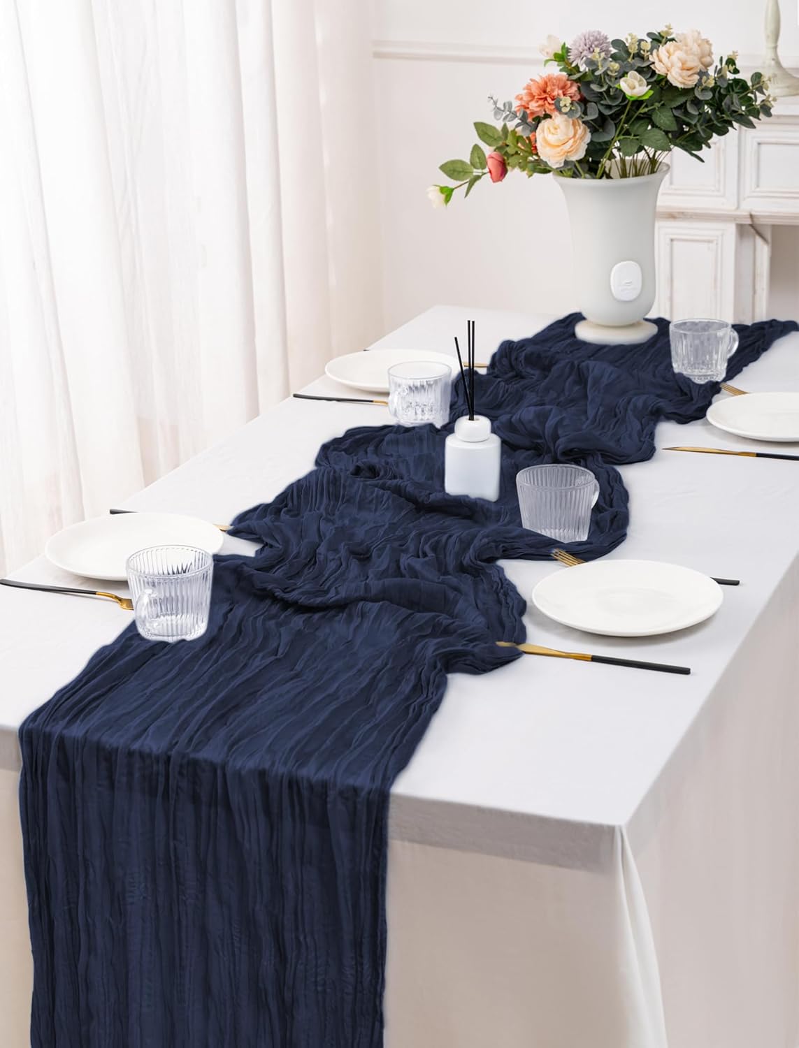 12 Pack Navy Blue Table Runner 10FT Cheesecloth Table Runner 21 x 120 inch Boho Gauze Cheese Cloth Table Runner Rustic Sheer Table Runner for Party Wedding Bridal Baby Shower Birthday Table Decor