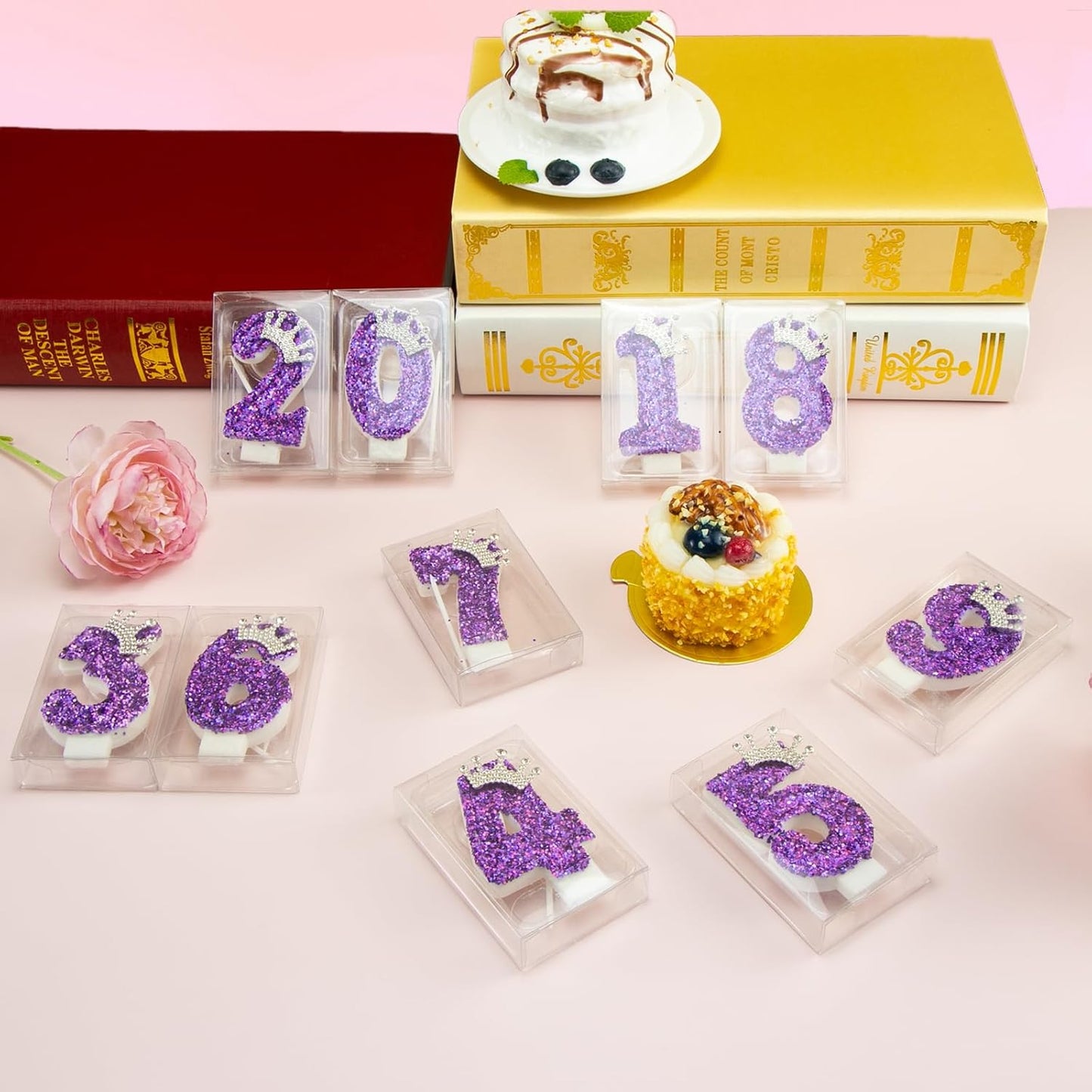 Birthday Number Candles,Purple Crown Birthday Candles for Cake,Glitter Number 8 Candle Cake Topper with Sequins for Anniversary Celebrations Supplies (Number 8)