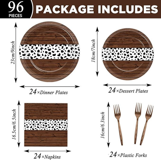 96Pcs Western Party Paper Plates and Napkins Cow Print Dessert Plates Cowboy Party Favors Supplies Tableware for Wild West First Rodeo Cowgirl Bachelorette Baby Shower Birthday Gatherings Decorations