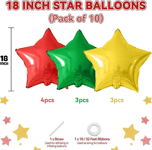 Red Green Gold Star Foil Balloons, 10PCS Xmas Foil Stars Shape Balloon, 18 Inch Large Metallic Stars Balloons Helium Pentagram Balloon for Birthday, Christmas, New Year, Baby Shower Party Decoration
