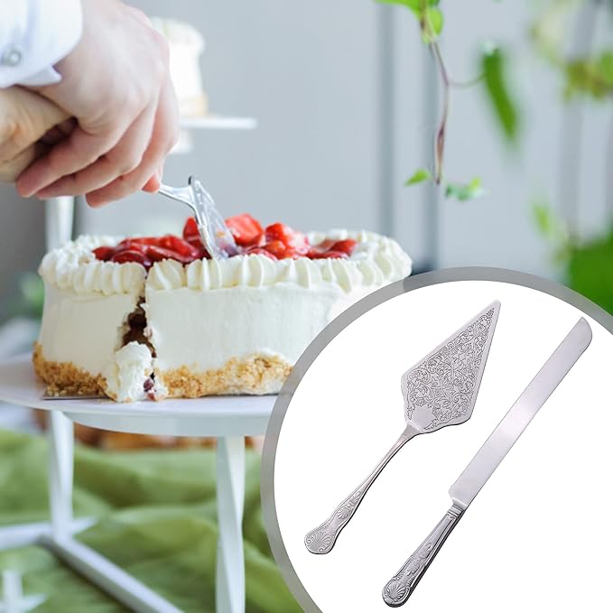 GURUDAR Vintage Wedding Cake Knife and Server Set, Stainless Steel Cake Pie Pastry Cutting Knife & Serving Spatula Set, Premium Party Supplies for Wedding, Birthday, Anniversary & Events, Silver