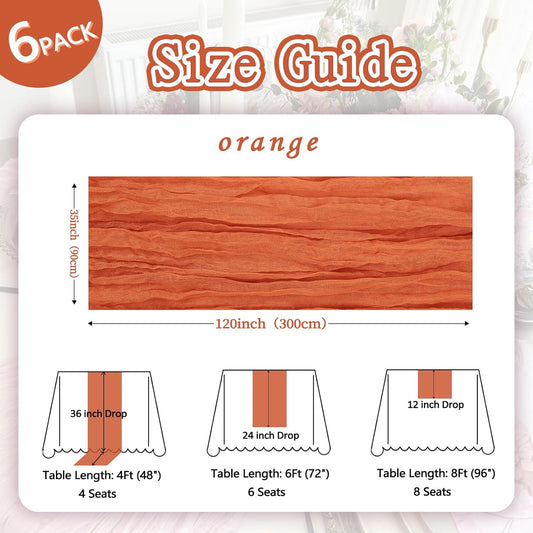 6 Pack Fall Thanksgiving Table Runner Orange 10ft Boho Gauze Fabric Cheesecloth Table Runner 35 x 120 Inch Rustic Sheer Runner for Wedding Home Décor Halloween Party Centerpiece Decorations
