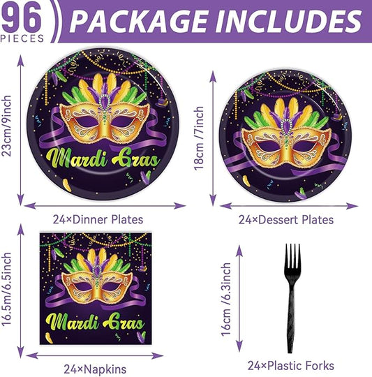 OBUSATT 96Pcs Mardi Gras Party Supplies Mardi Gras Paper Plates Napkins Forks Black Masquerade Mask Dinnerware Disposable New Orleans Party Decorations MardiGrass Tableware Serves 24