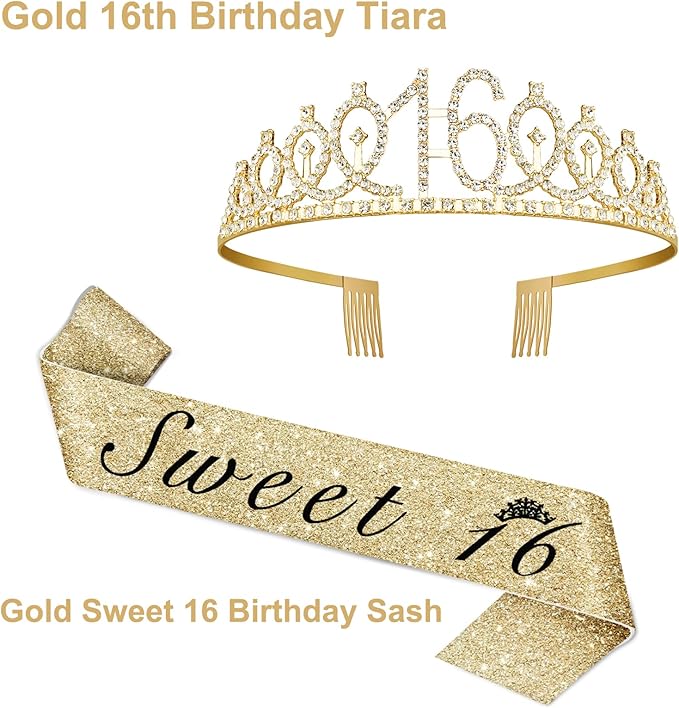 Sweet 16 Party Decorations for Girls with Sweet 16 Sash Gold, Rhinestone 16th Birthday Tiara, 16 Candles Gold, 16th Birthday Gifts for Girls