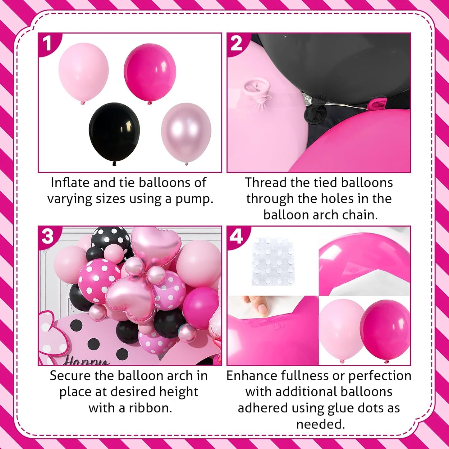 Pink and Black Balloons Arch Balloons Garland with Bow Heart Foil Balloon Cartoon Mouse Birthday Party Decorations Pastel Hot Pink White Dot Latex Balloon Baby Bridal Shower Supplies