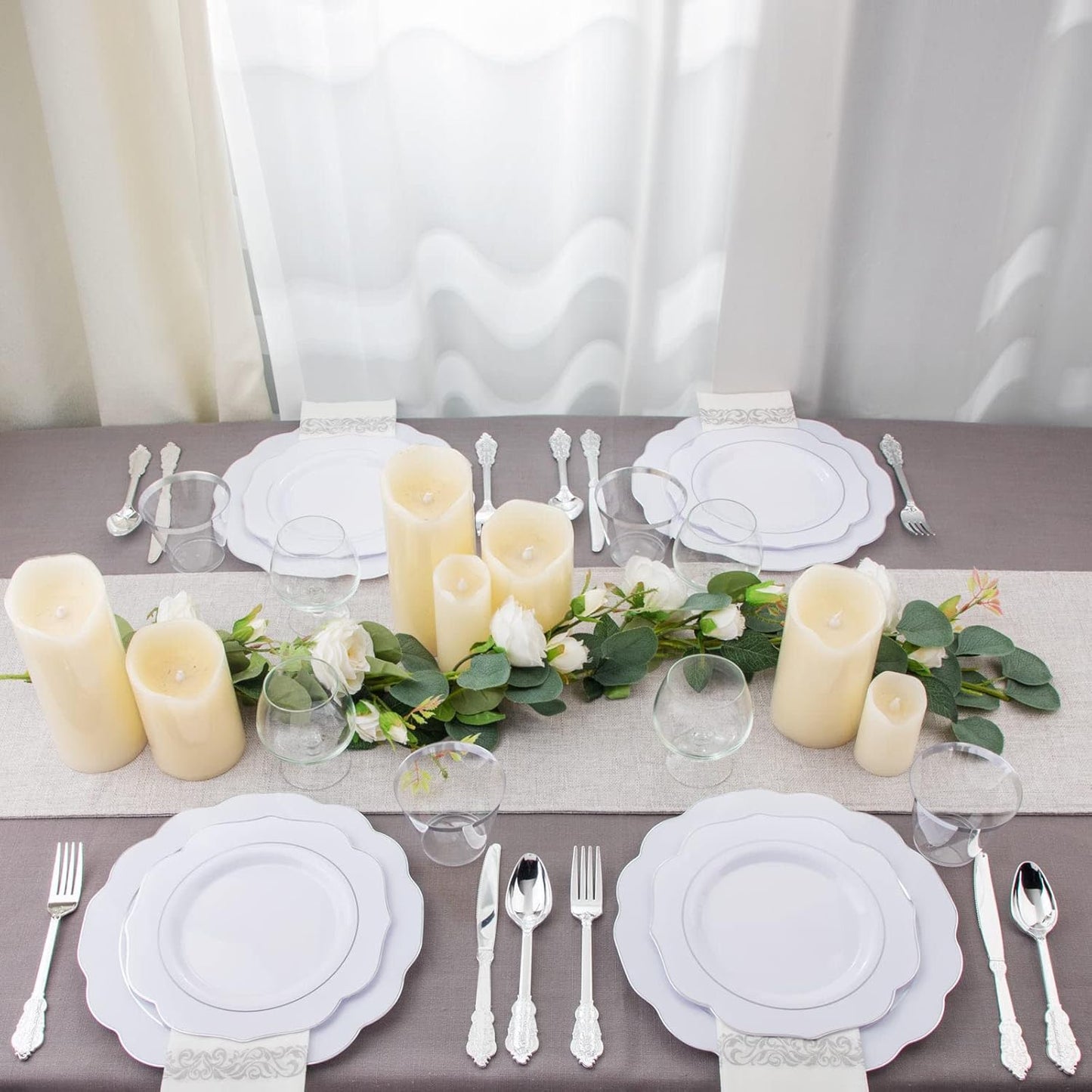 NOCCUR 175pcs Silver Plastic Plates - Silver Rim Plastic Tableware Include 25 Dinner/Dessert Plates, 25 Forks, 25 Knives, 25 Spoons for Wedding/Party/Christmas