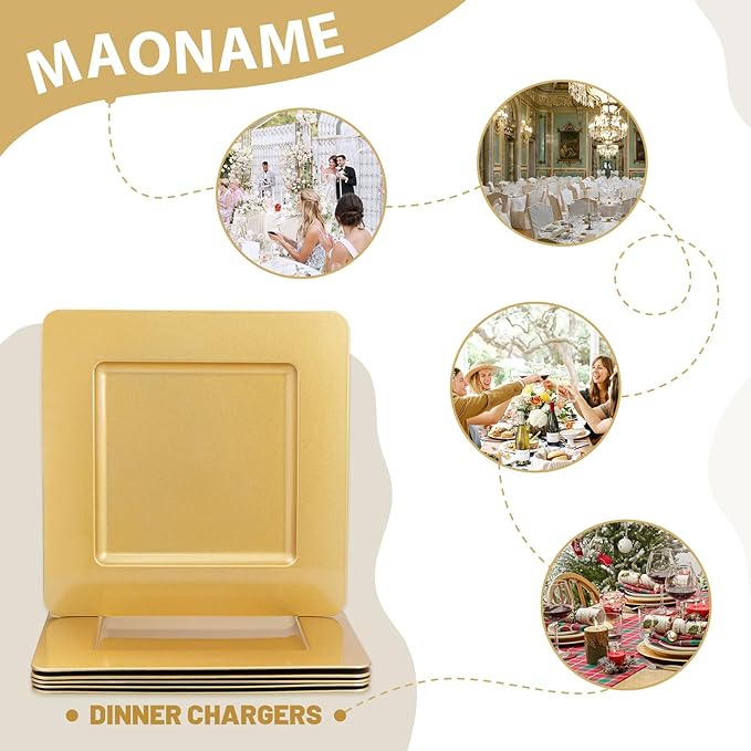 MAONAME Gold Charger Plates, Plastic Plate Chargers Set of 6, 13" Round Chargers for Dinner Plates, Decorative Table Charger for Wedding, Table Setting