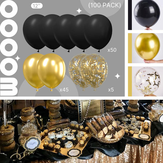 PartyWoo Gold and Black Balloons 100pcs 12 Inch Black and Gold Metallic Balloons for Birthday Wedding Anniversary Graduation Bachelorette Engagement Bridal Shower Retirement Party Decorations