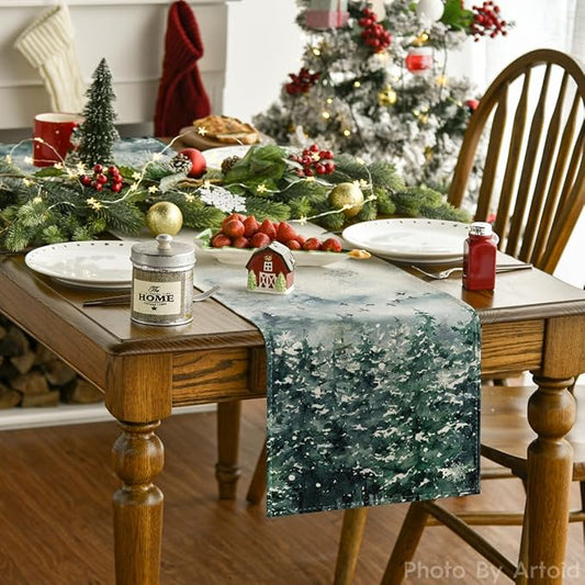 Artoid Mode Green Tree Snow Christmas Table Runner, Seasonal Winter Holiday Kitchen Dining Table Decoration for Home Party Decor 13x120 Inch
