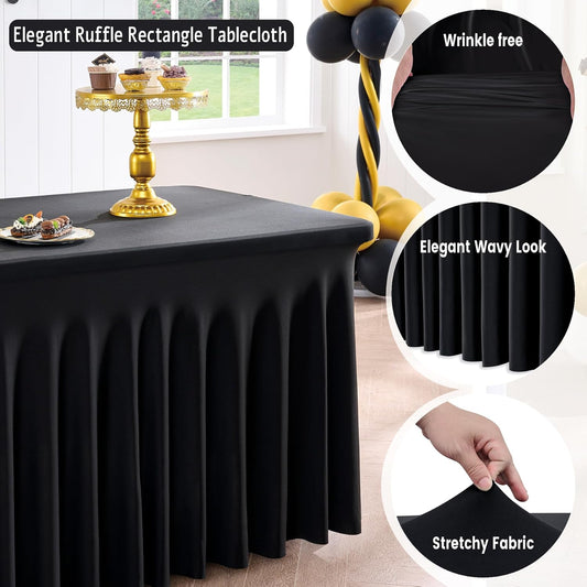 Outpain Black Spandex Tablecloth for 8 Foot Rectangle Tables, 2 Pack Black Fitted Table Cloths 8ft Stretchy Banquet Table Clothes Cover Desk Skirt for Birthday Wedding Parties Baby Shower