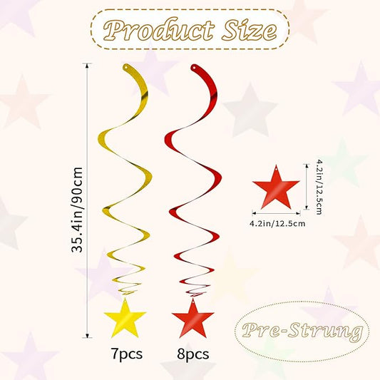 BEISHIDA Red Gold Star Hanging Swirl Ceiling Hanging Decorations for Happy New Year 2026 Party Spring Festival Chinese Lunar Valentine Graduation Birthday Wedding Decorations, Pack of 15