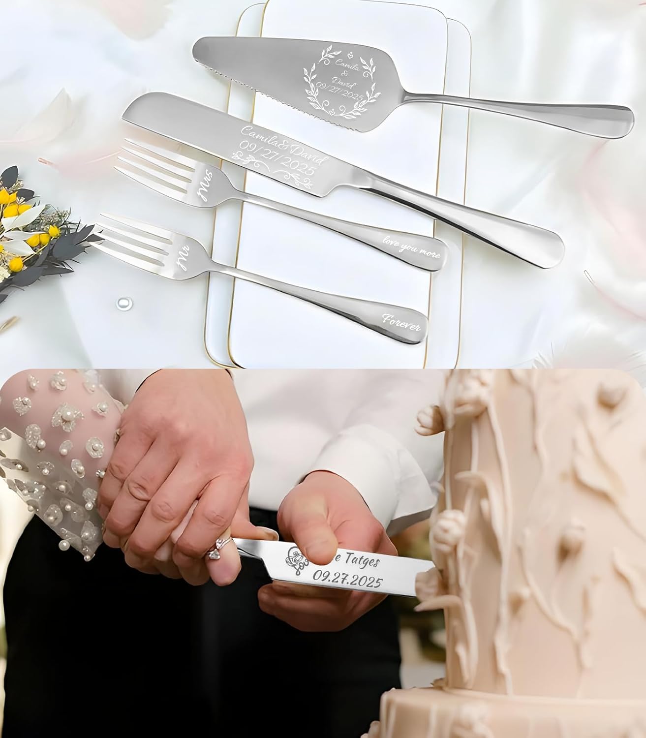 HJX Personalized Wedding Cake Knife and Server Set, Custom Names Cake Cutting Set, Customized Knife and Cake Server Set Gift for Bridal Anniversary Birthday Wedding Registry (Silver)
