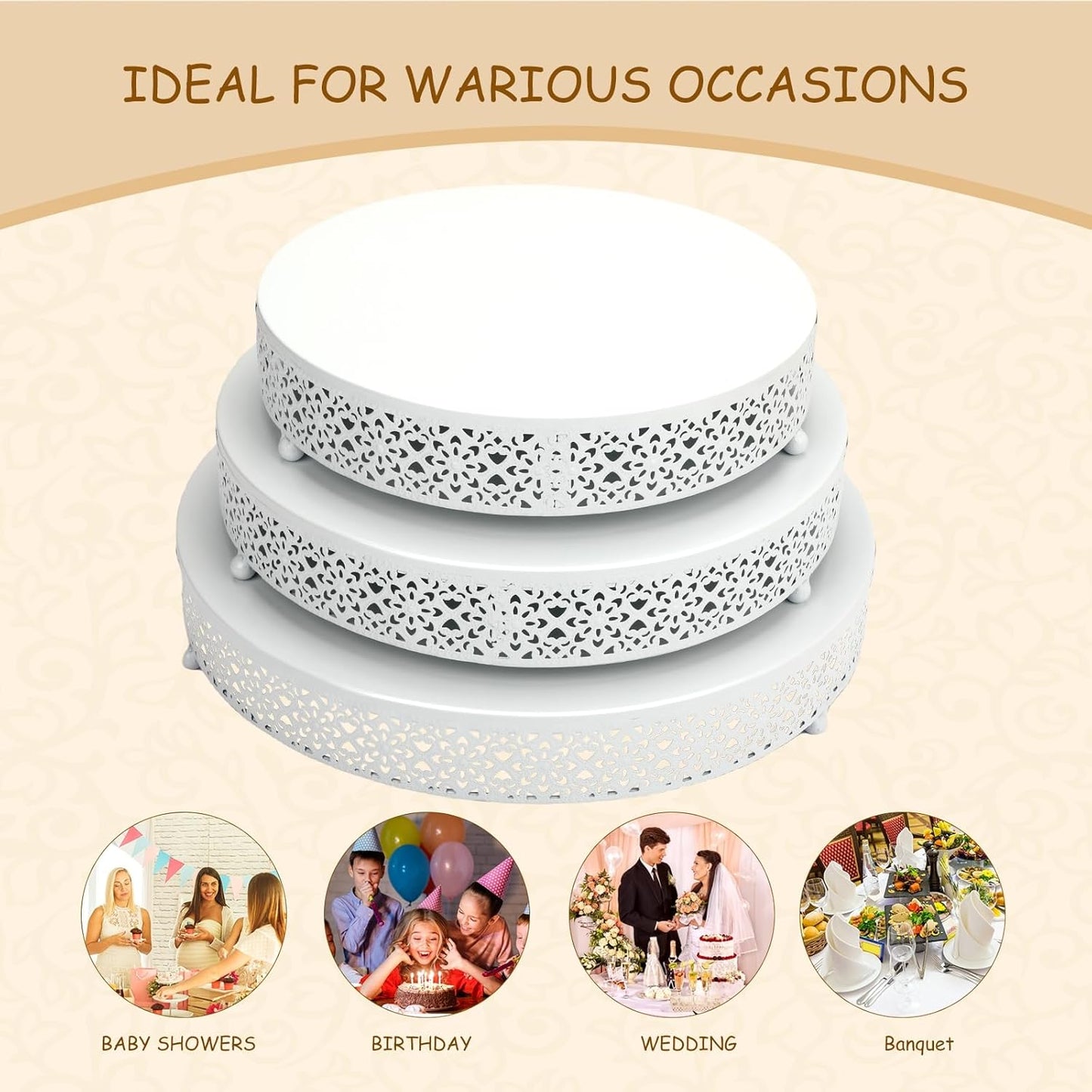 3 Piece Cake Stands Set 16'' 14'' 12'' Round Metal Cake Stands Cupcake Stand Riser Pastry Candy Display Plate for Dessert Table Wedding Event Birthday Anniversary Party (White)