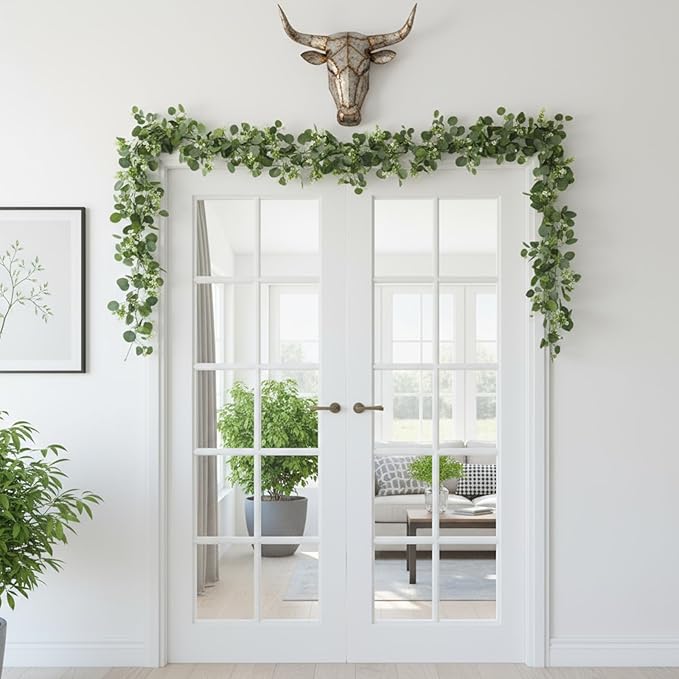 8 Pcs 5.9Ft Eucalyptus Garland, Artificial Eucalyptus Leaves with Flowers Faux Table Greenery Garland Fake Wreath Vines Decoration for Centerpiece, Wedding, Arch, Wall, Stair, Party