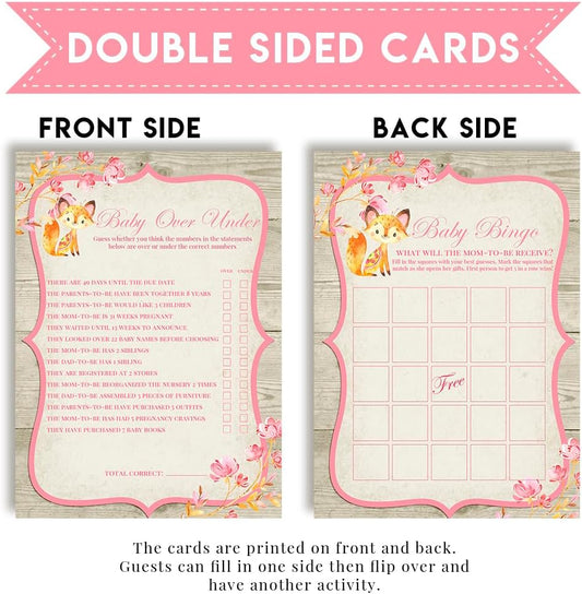 Baby Shower Games 8 Game Set Pink Watercolor Woodland Fox Girl 80 Double-Sided Cards for 20 Guests. Baby Shower Bingo, Baby Predictions & Activities for Guests. Theme for Girl
