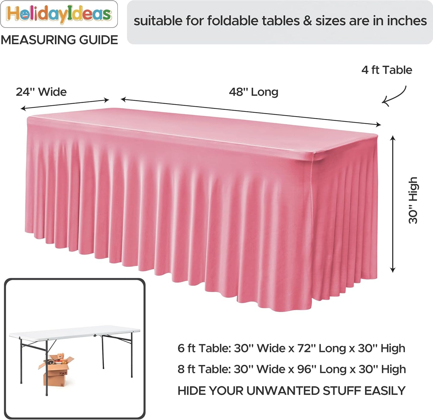 HolidayIdeas Spandex Table Skirts for Rectangle Tables 4 Ft, Fitted Stretch Table Cover 24x48 Inch, Wrinkle-Free Ruffle Design Tablecloths for Banquets,Trade Shows, Parties, Events, 4 Pack, Pink