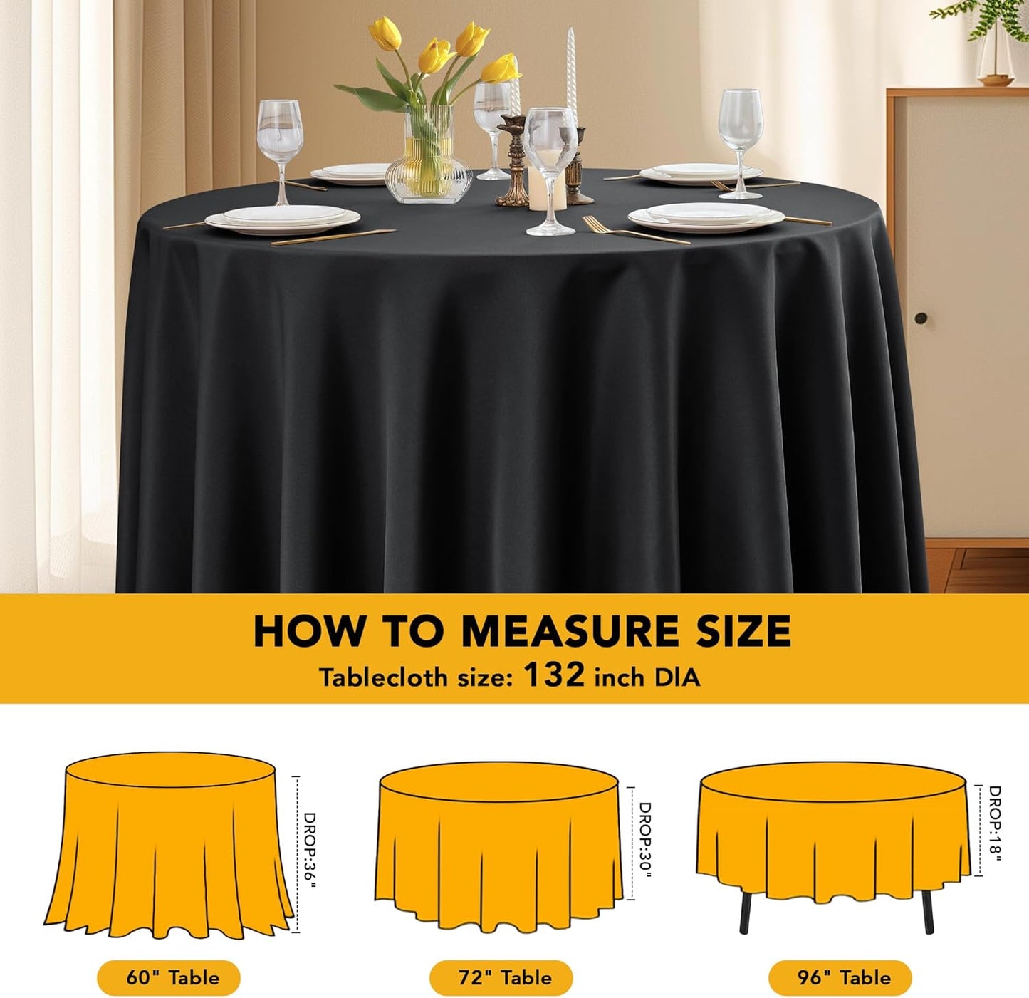 6-Pack Black Round Tablecloths, 132 Inches, Stain-Resistant Polyester for 6-8 Ft Round Tables - Washable Table Covers for Weddings, Banquets, Birthday Parties, Events