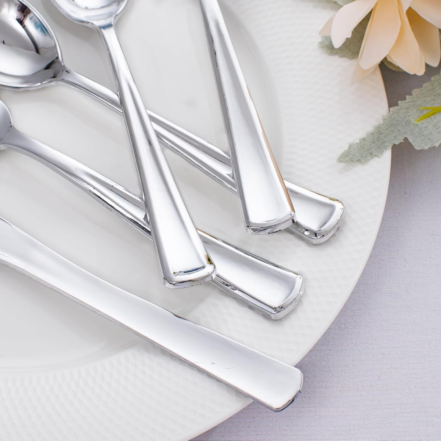 WDF 500PCS Silver Plastic Silverware - Plastic Silver Utensils - 250 Forks, 125 Spoons, 125 Knives, Heavy Duty Disposable Silverware Sets for Parties, Wedding, Christmas