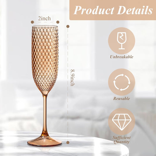 12 Pack Plastic Champagne Flutes - Rose Gold Goblet Glasses, Unbreakable Wedding Toasting Diamond Wine Crystal Cups, Clear Drinking Glasses 5.5 OZ for Bridal Shower