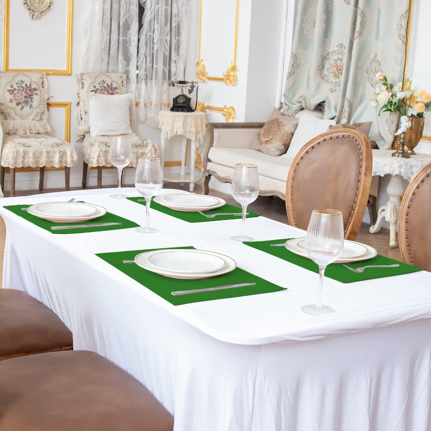 Cloth Green Placemats Set of 8, Linen Type Fabric Placemats Machine Washable Heat Resistant Placemats Polyester Place Mats for Halloween, Thanksgiving and Christmas Dining Table (Forest Green)