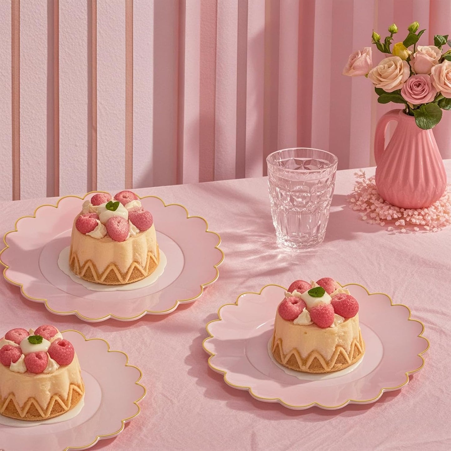 LIYH 100 Pcs 7.5" Pink Plastic Plates with Gold Disposable Pink Dessert Plates Gold Plastic Plate,Baby Shower Plate Set Suitable for Weddings Bridal Showers Afternoon Tea