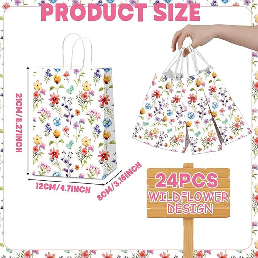 CHUNNIN 24PCS Wildflower Party Paper Bags Floral Flower Treat Bags Wildflower Paper Treat Goodies Bag for Spring Summer Decorations Birthday Tea Party Favors Bridal Shower Wedding Supplies