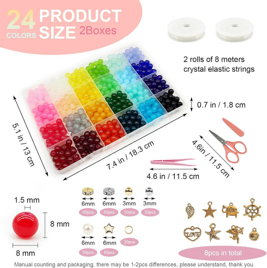 Dayify 1500 Pcs 8mm Glass Beads Bracelet Making Kit, 24 Colors Crystal Beads for Jewelry Making, Round Glass Beads with Charms for Bracelets and DIY Crafts