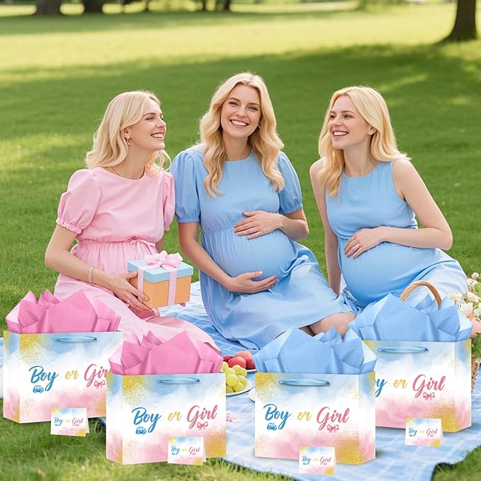 Gender Reveal Gift Bag | Blue & Pink Boy or Girl Paper Bag with Tissue Paper, Greeting Card for Baby Shower & Gender Reveal Party