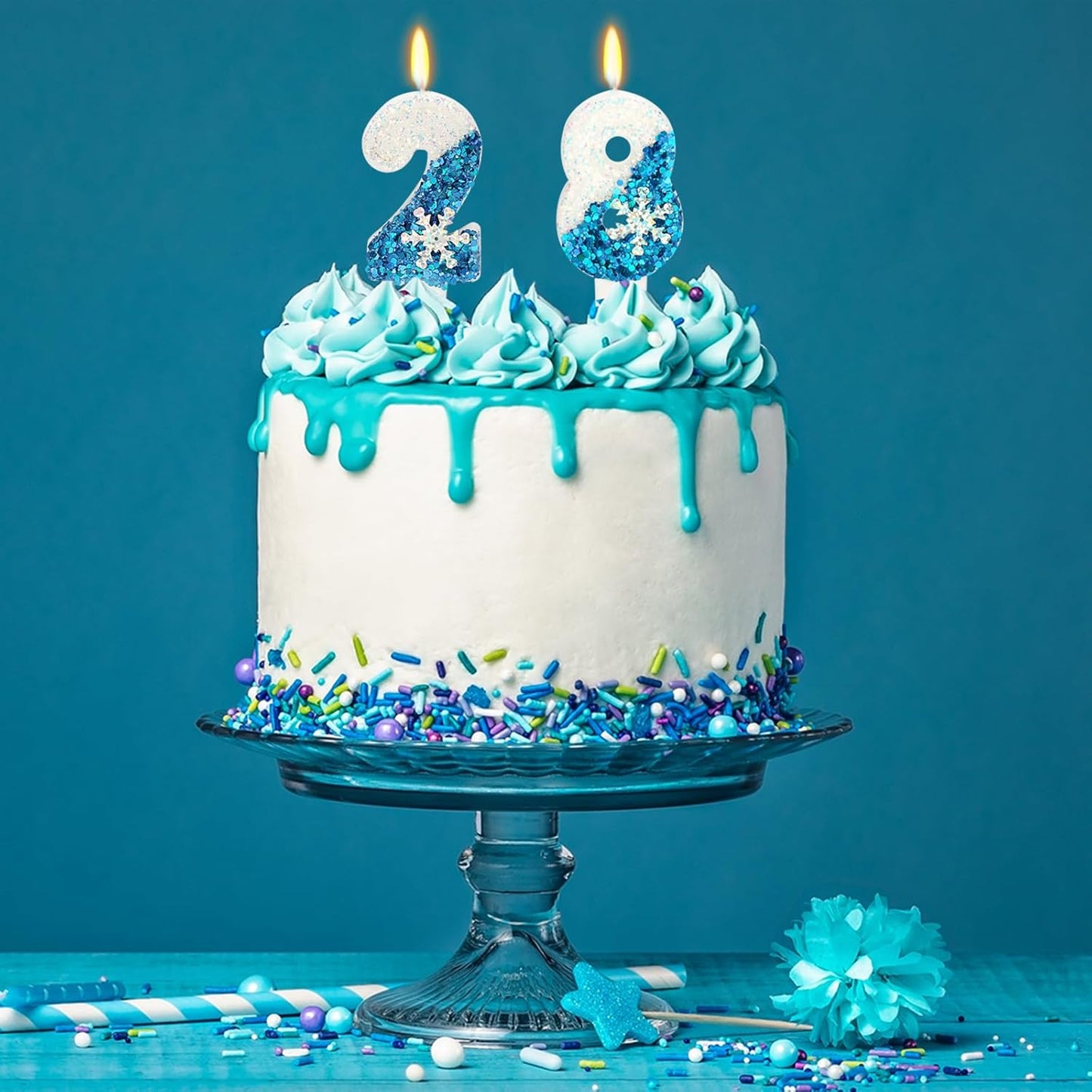 Snow Themed Birthday Candles, Birthday Candle for Party Supplies, Winter Birthday Party Supplies, 2.76 inch Number 28 Candle Cake Topper Decoration (Number 28)