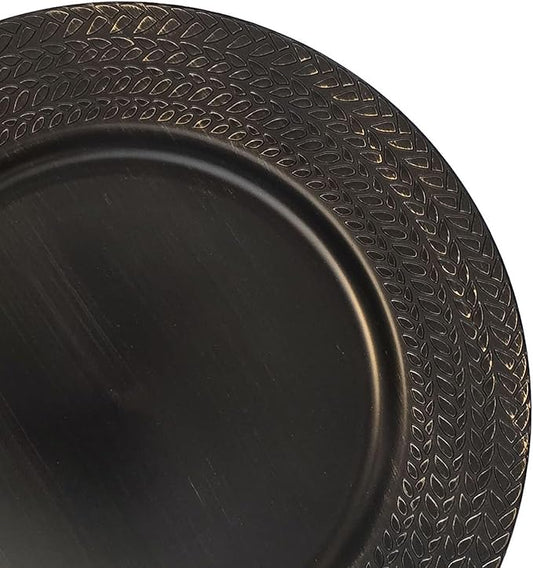 13" Antique Black Leaf Trim Round Charger Plates for Dinner, Table Chargers Plates Bulk, 6Pcs
