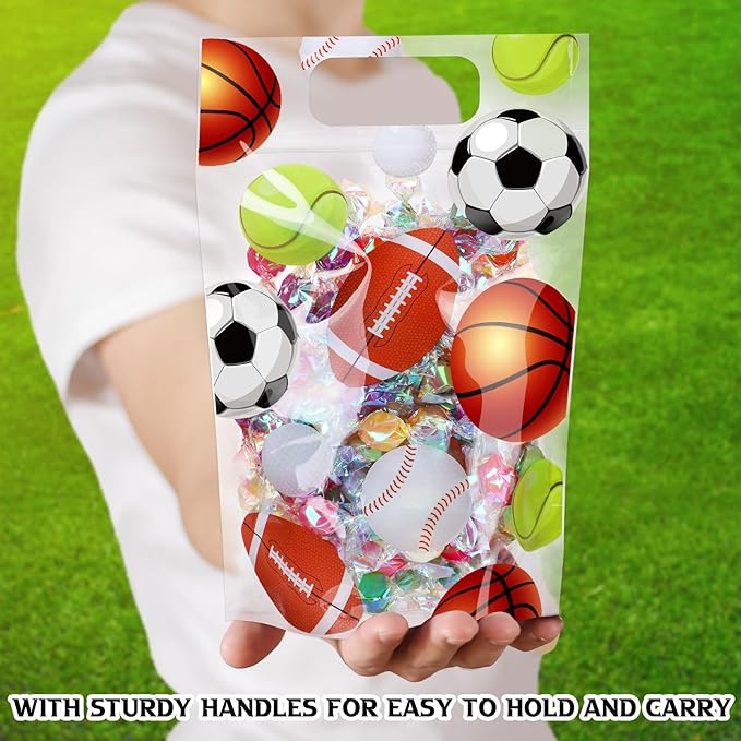 Blosssound 50 Pcs Sport Plastic Bags Clear Sportball Sealing Pouches with Handles Resealable Sport Party Zipper Bags for Sport Theme Birthday Party Candy Gift Wrap Supplies Decoration