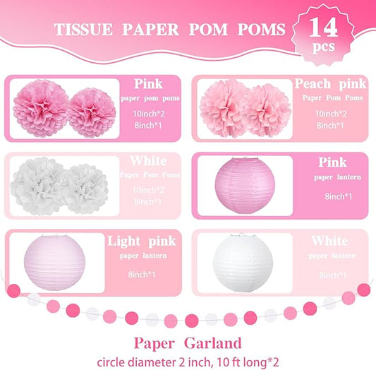 14 Pcs Pink Party Decorations Kit - Tissue Pom Poms, Lanterns & Polka Dot Garland for Girls Birthday, Baby Shower, Bachelorette, Princess Theme, Bridal Shower, Valentine's & Mother's Day